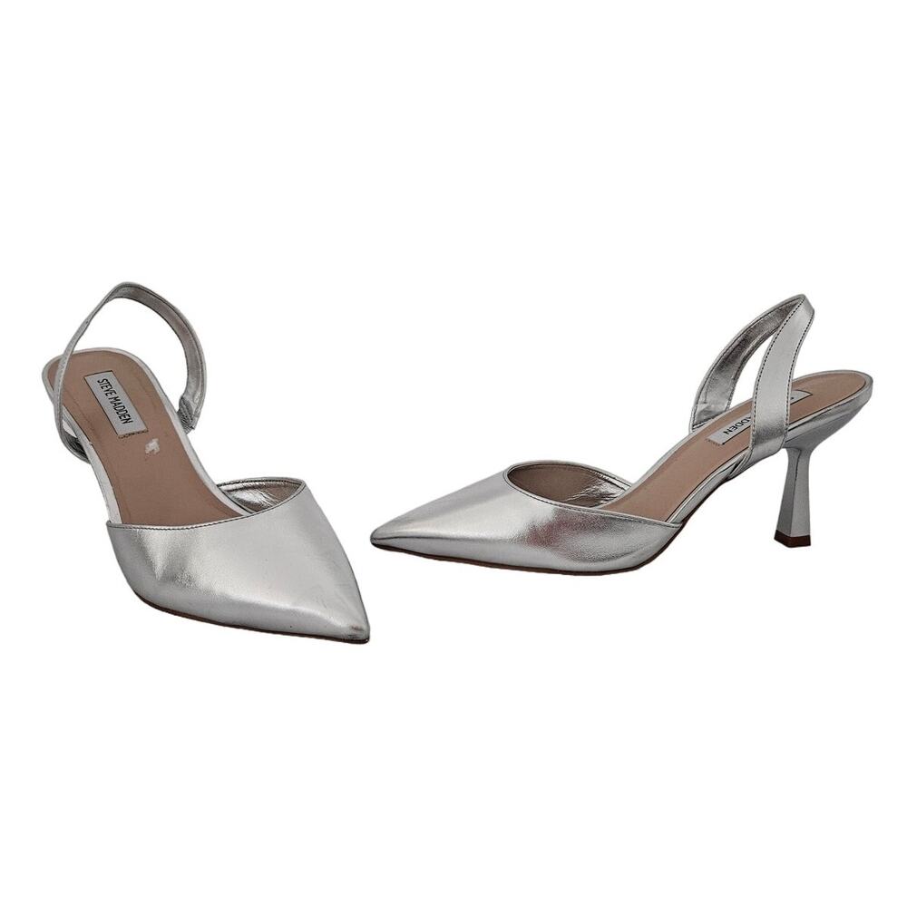 Steve Madden Silver Ribbon Slingback Heels sz 11M Glam Retro Minimalist Wedding